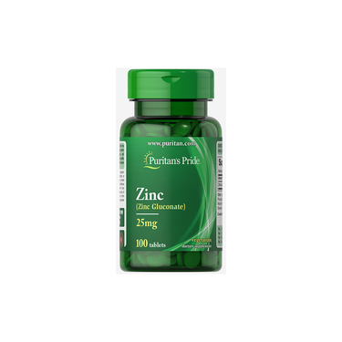 A bottle of Puritan’s Pride Zinc Gluconate 25 mg, containing 100 tablets, supports immune health.
